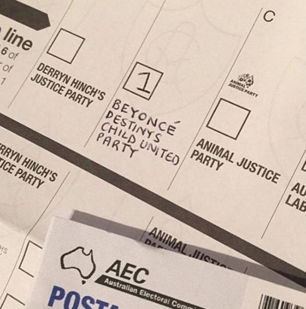 In a play on words for the Palmer United Party, this voter decided that singer Beyonce was a far better option